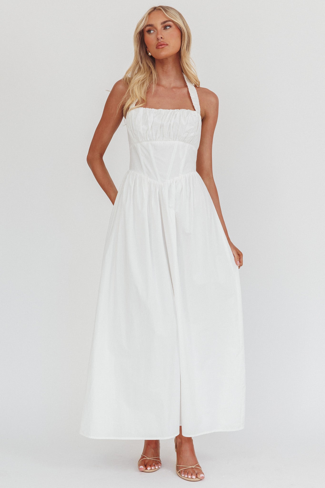 Irisa Elasticated Halter Maxi Dress White by Selfie Leslie