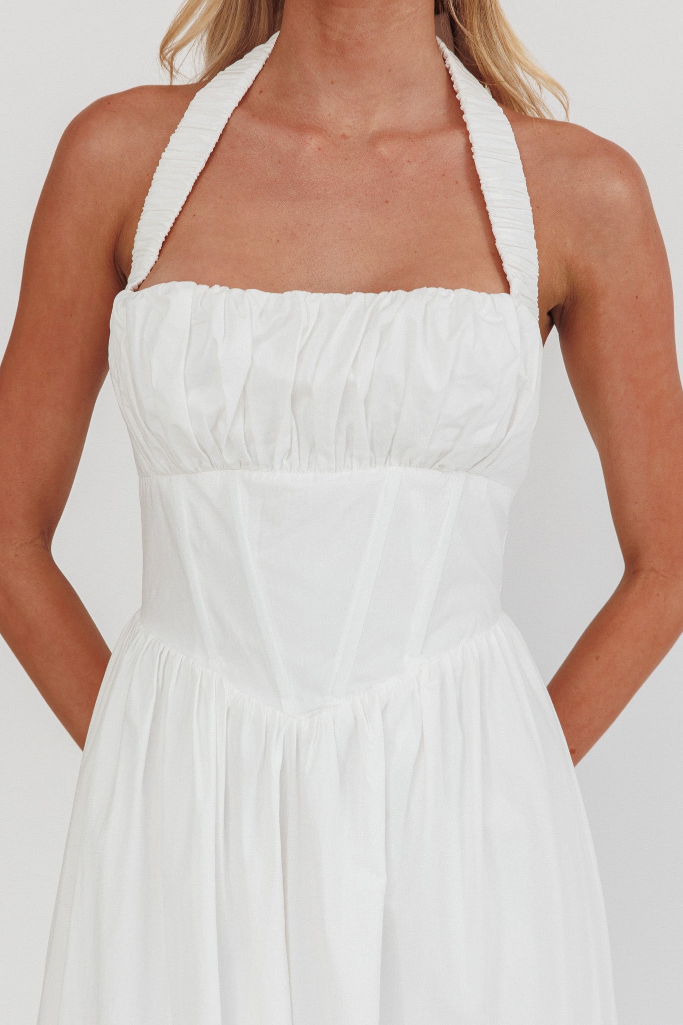 Irisa Elasticated Halter Maxi Dress White by Selfie Leslie