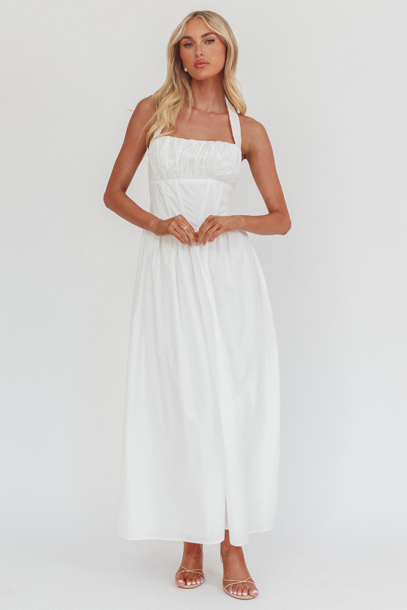 Irisa Elasticated Halter Maxi Dress White by Selfie Leslie