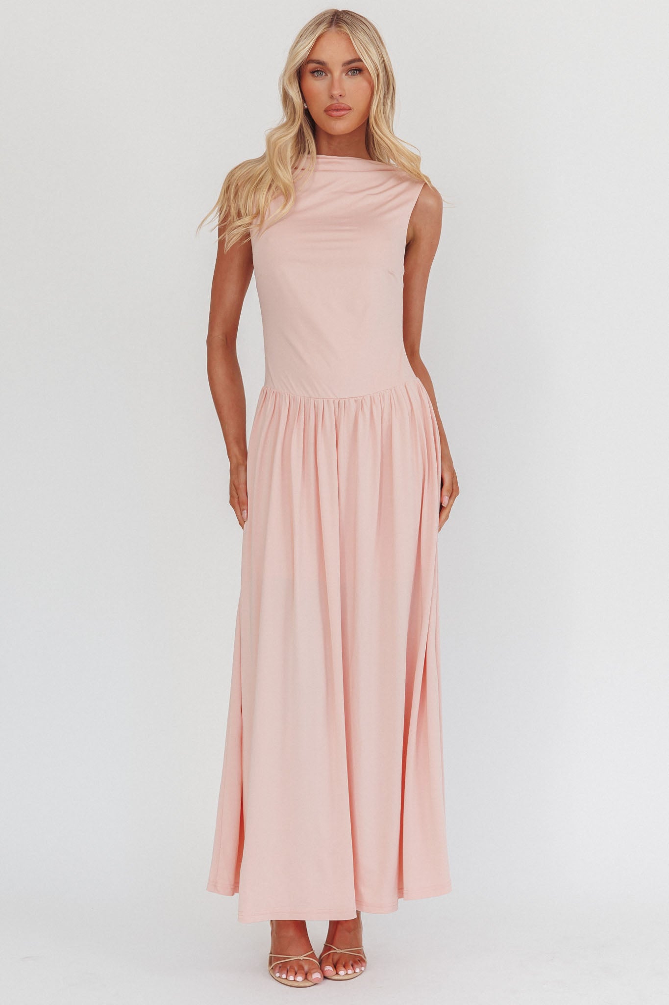 knee length dresses for ladies Dorothea High Cowl Open Back Maxi Dress Dusty Pink– Selfie Leslie