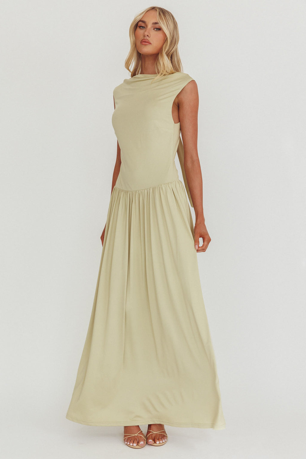 Dorothea High Cowl Open Back Maxi Dress Sage by Selfie Leslie