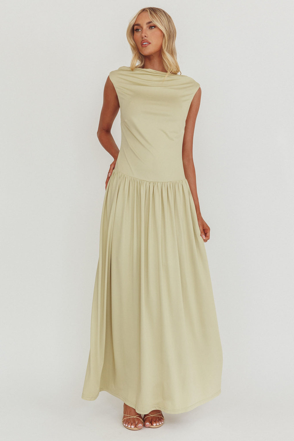 Dorothea High Cowl Open Back Maxi Dress Sage by Selfie Leslie