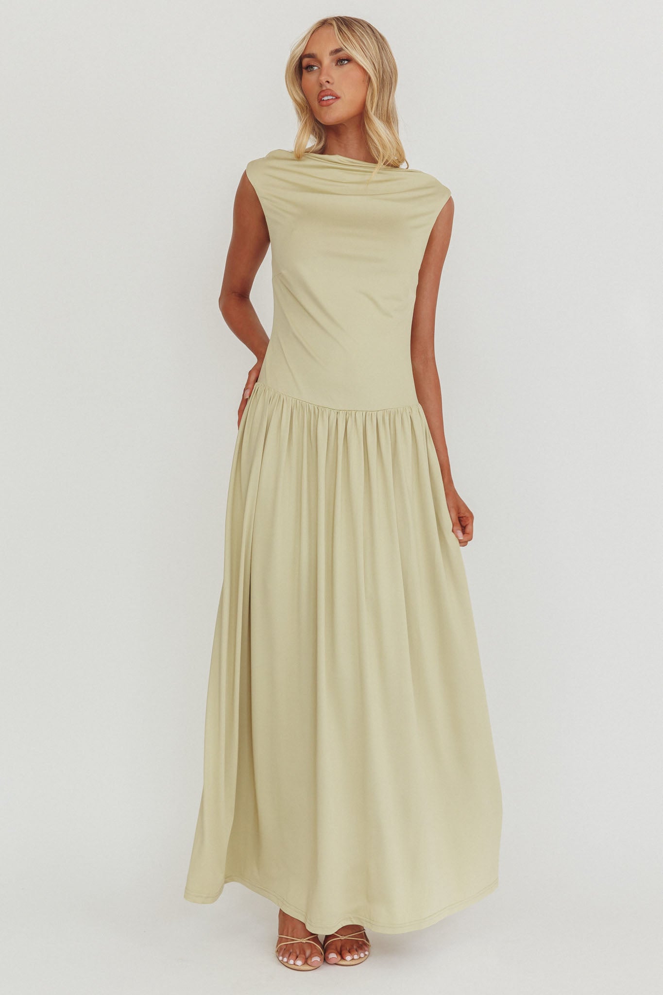 Dorothea High Cowl Open Back Maxi Dress Sage by Selfie Leslie