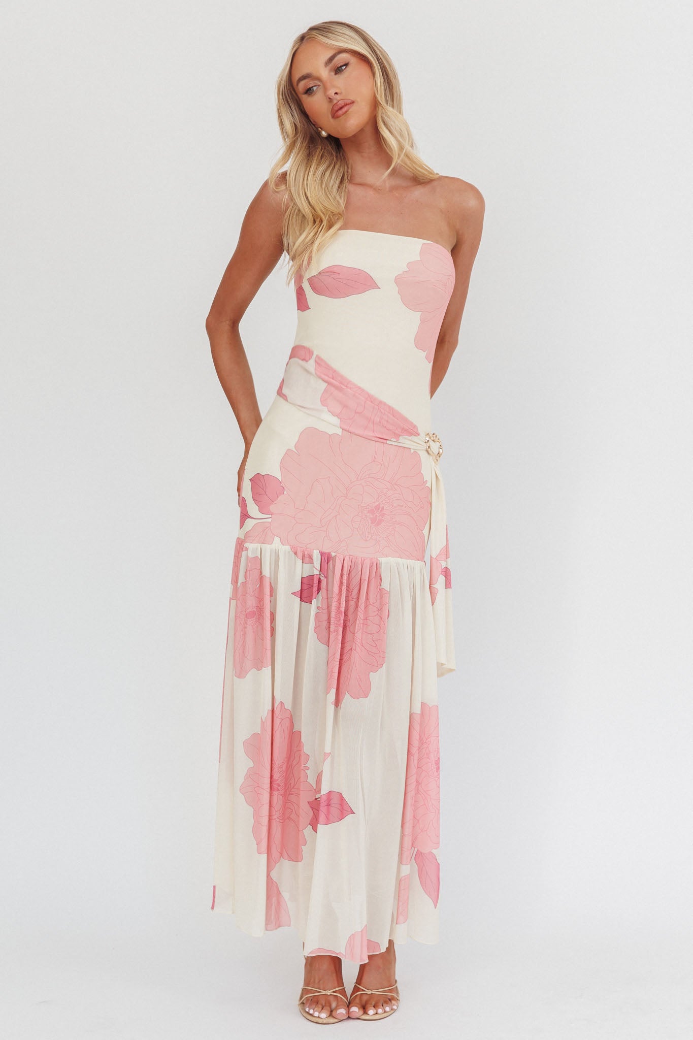 Antonella Strapless Waist Sash Maxi Dress Floral Pink by Selfie Leslie