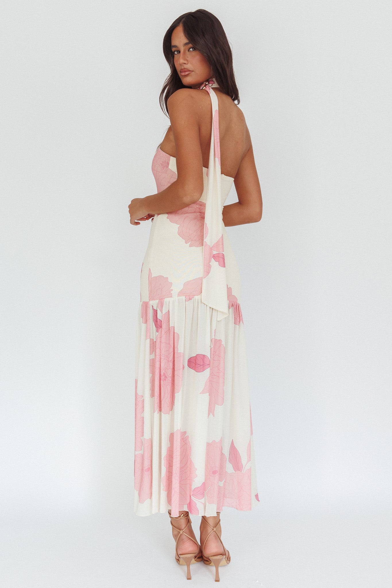 Antonella Strapless Waist Sash Maxi Dress Floral Pink by Selfie Leslie