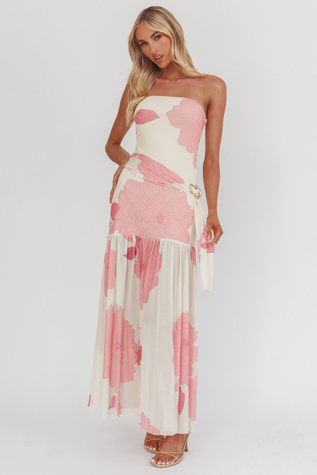 Antonella Strapless Waist Sash Maxi Dress Floral Pink by Selfie Leslie