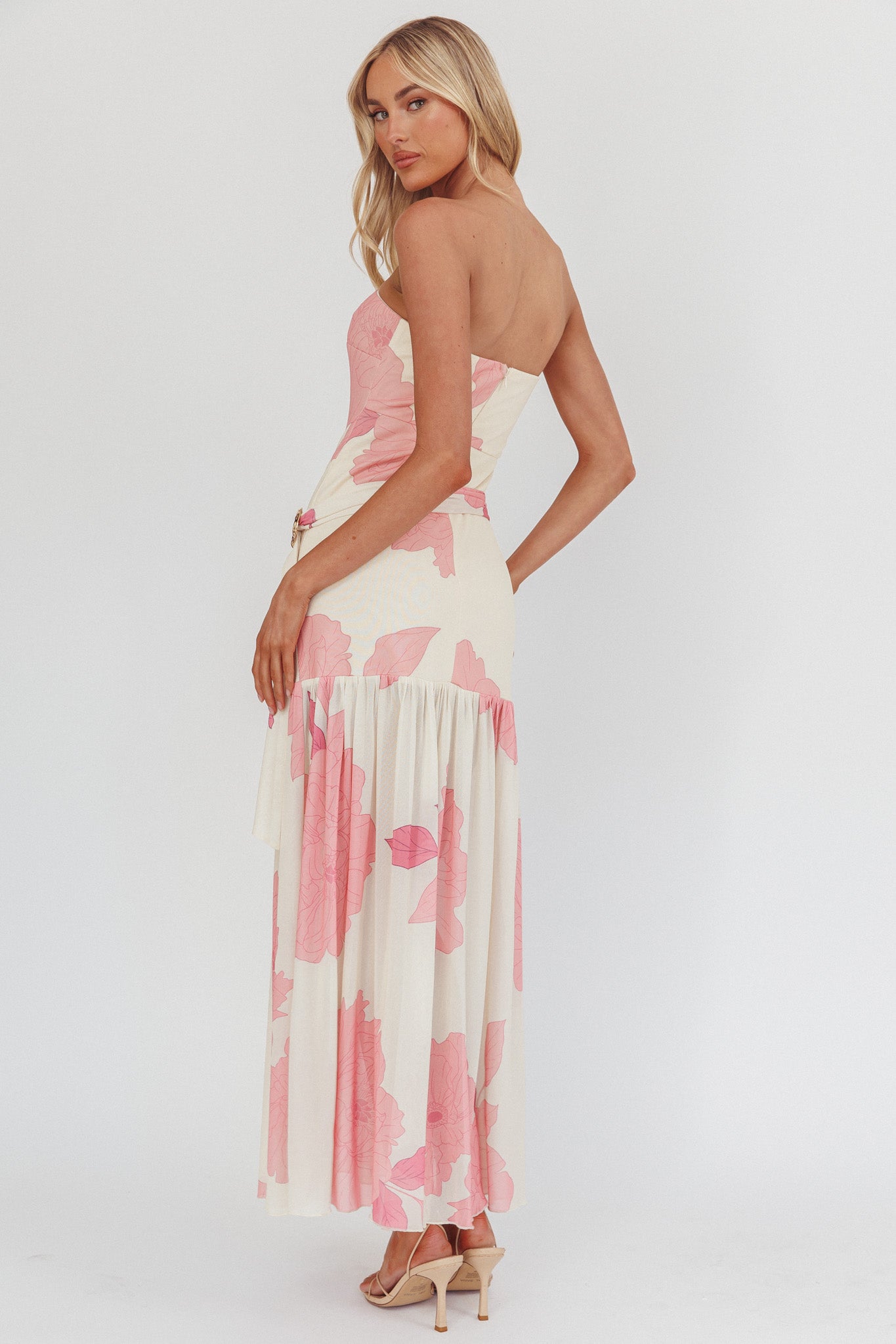 Antonella Strapless Waist Sash Maxi Dress Floral Pink by Selfie Leslie