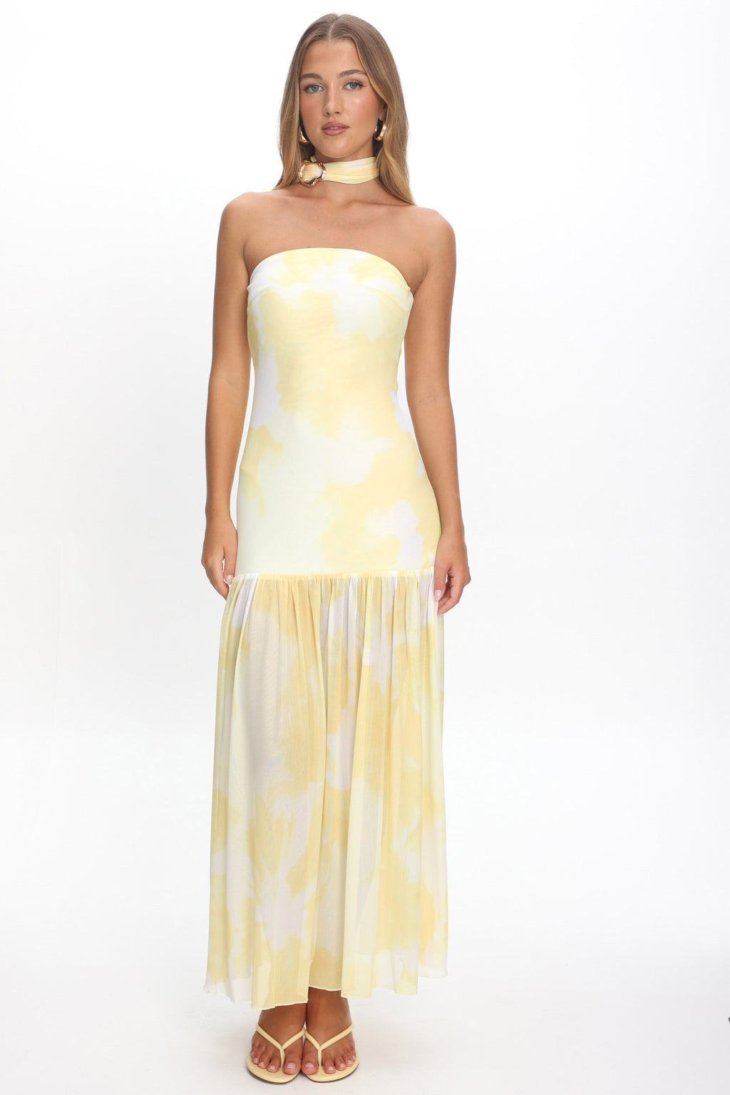 Antonella Strapless Waist Sash Maxi Dress Marbled Yellow