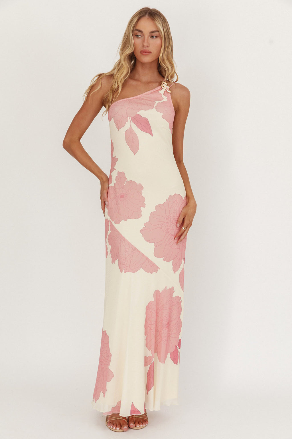 We Belong Together One-Shoulder Maxi Dress Floral Pink by Selfie Leslie