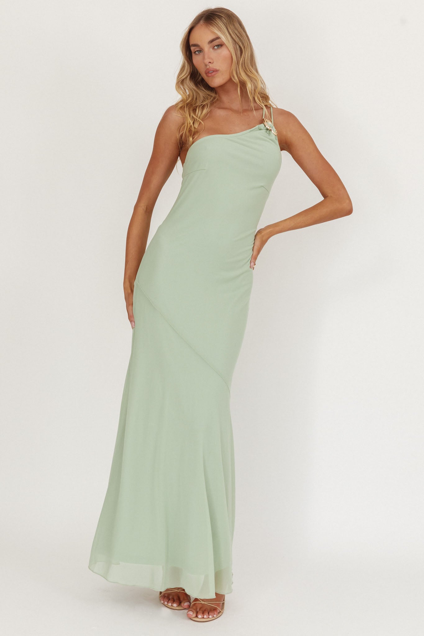 We Belong Together One-Shoulder Buckle Maxi Dress Mint by Selfie Leslie