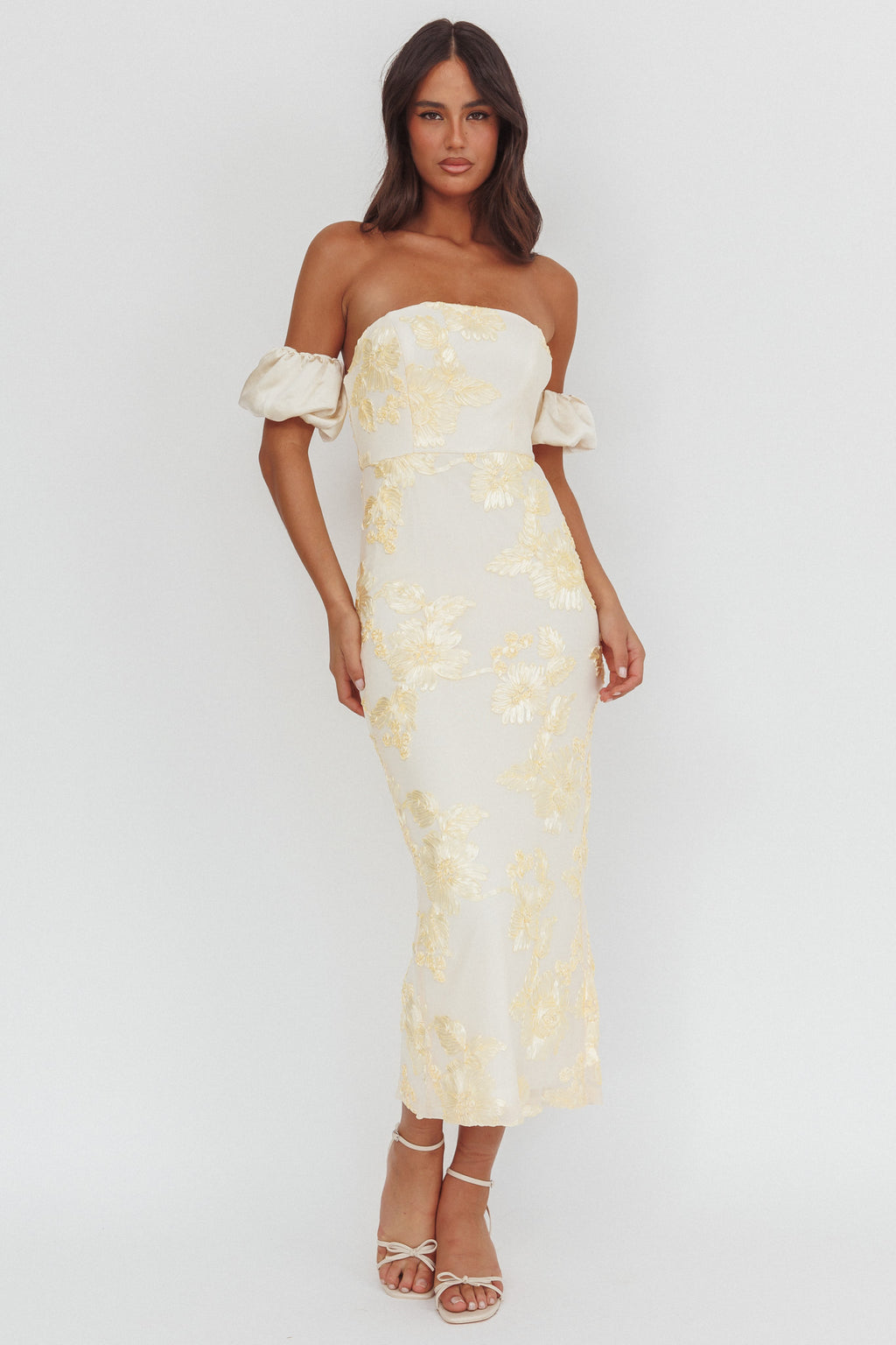 Roman Holiday Puff Sleeve Embellished Midi Dress Gold by Selfie Leslie