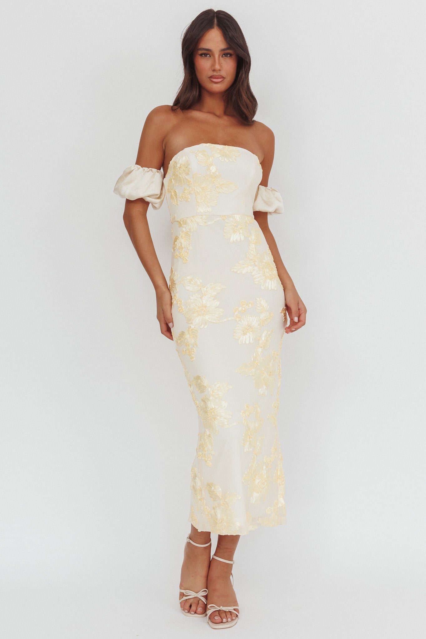 Shop the Roman Holiday Puff Sleeve Embellished Midi Dress Gold