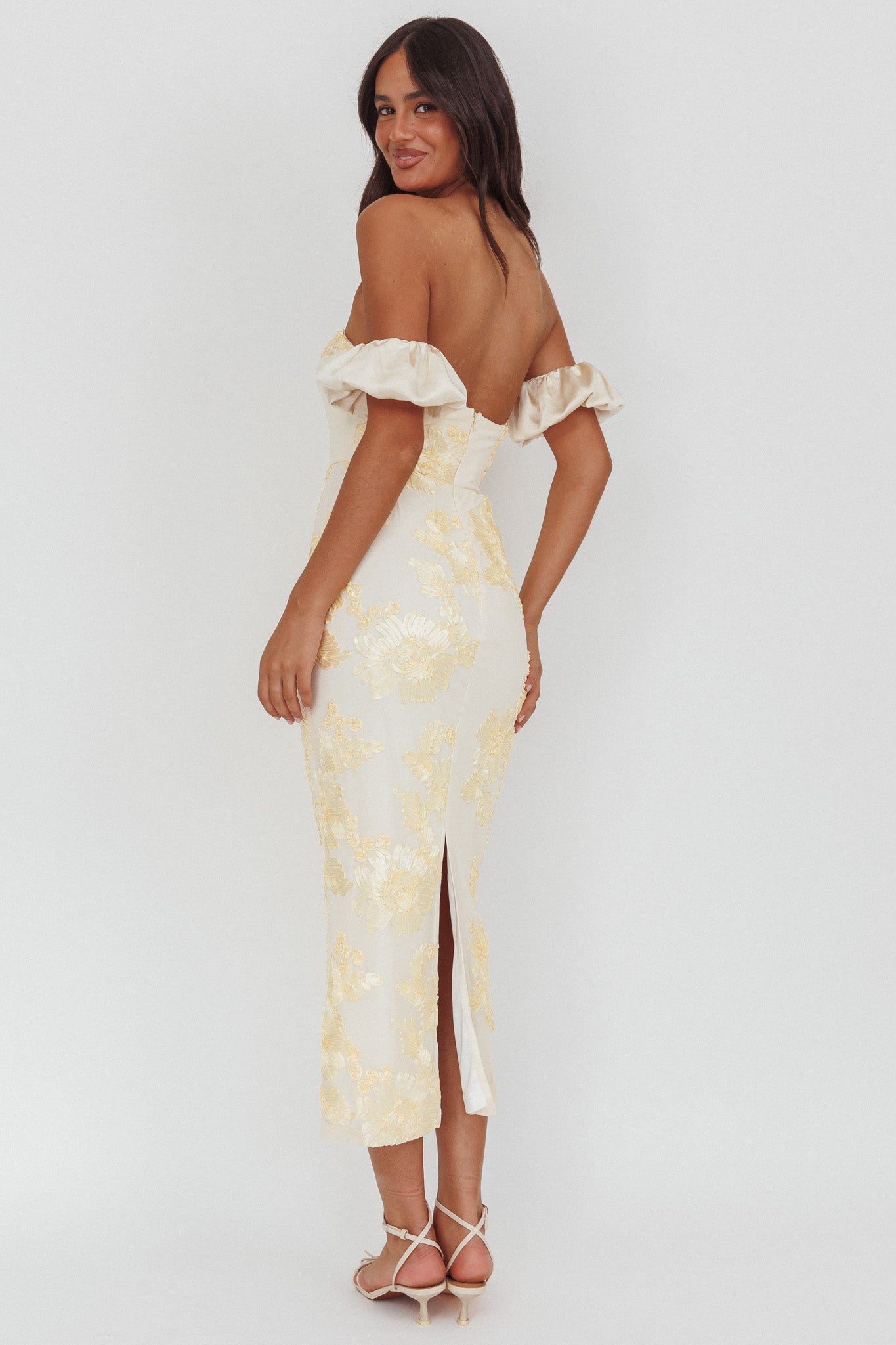 Roman Holiday Puff Sleeve Embellished Midi Dress Gold Roman Holiday Puff Sleeve Embellished Midi Dress Gold