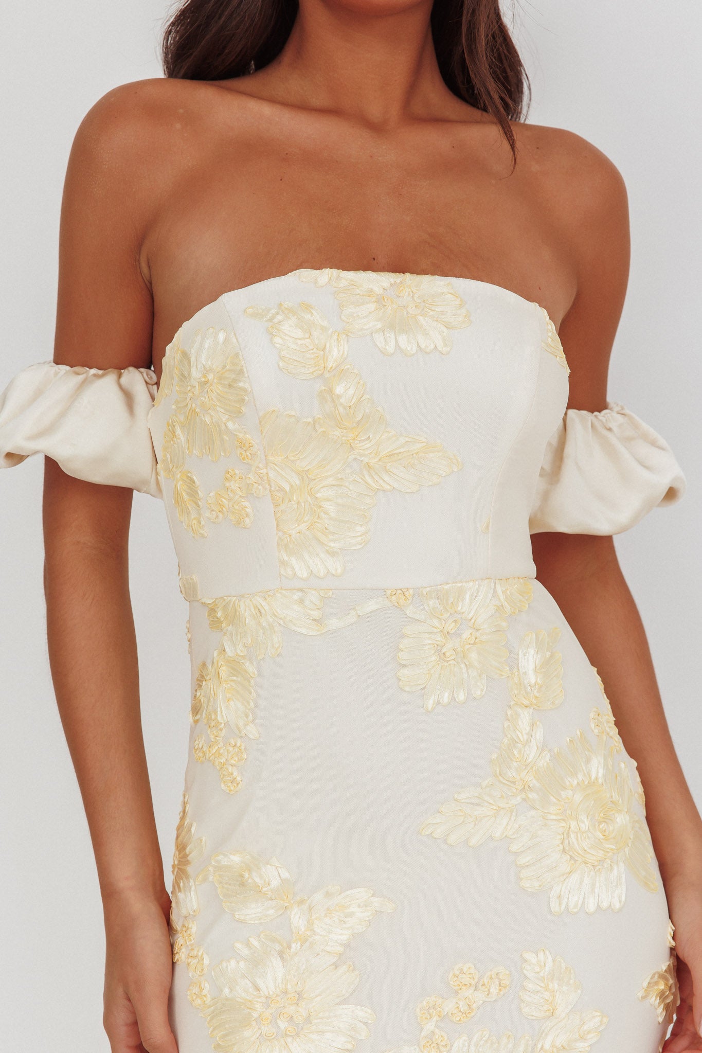 Shop the Roman Holiday Puff Sleeve Embellished Midi Dress Gold