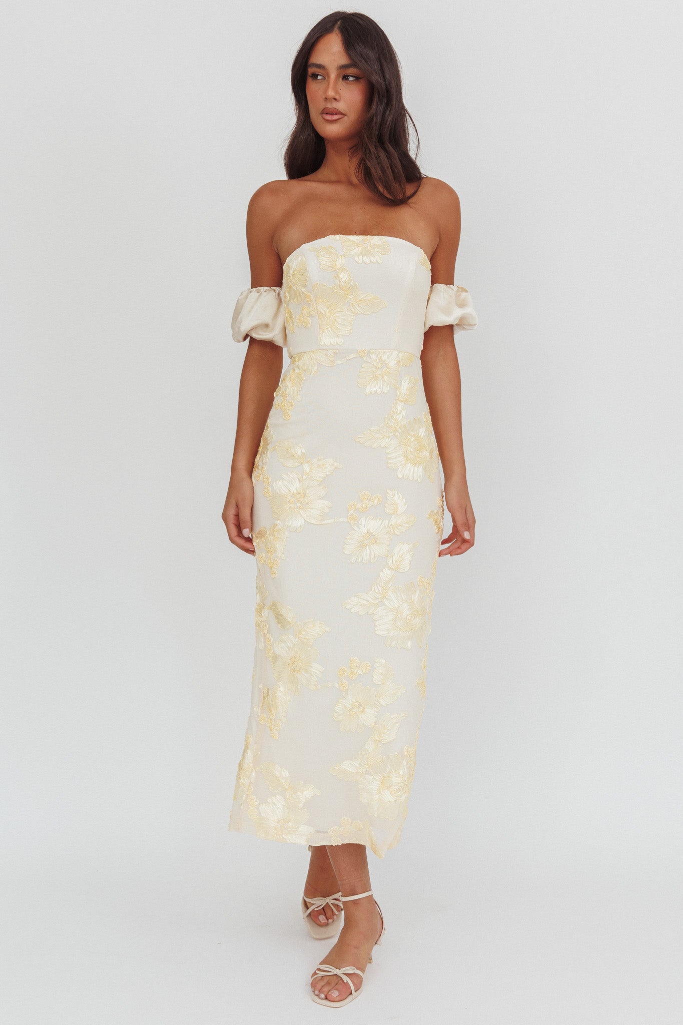 Roman Holiday Puff Sleeve Embellished Midi Dress Gold– Selfie Leslie