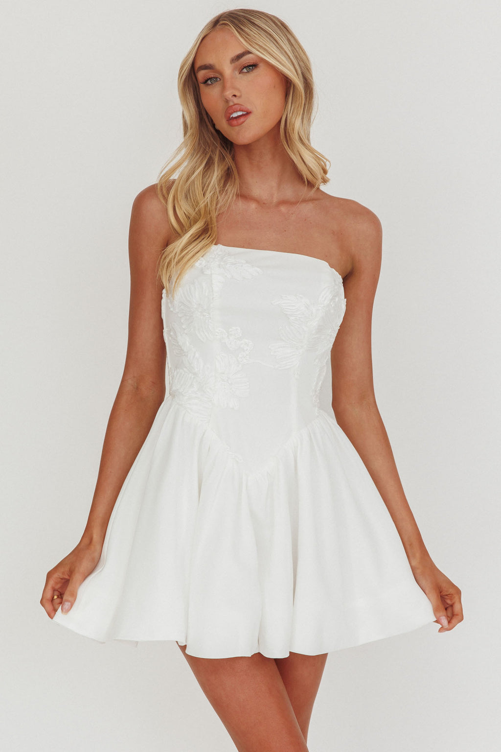 Fiora Basque Waist Strapless Mini Dress White | Selfie Leslie Fiora Basque Waist Strapless Mini Dress White | Selfie Leslie