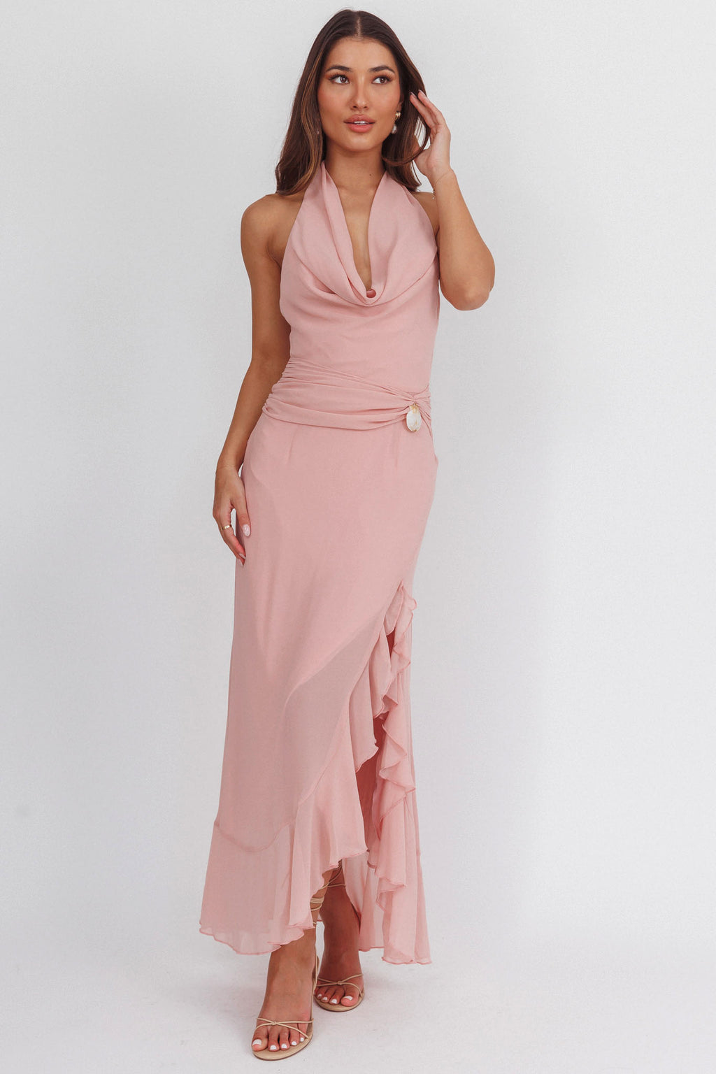 Logen Cowl Halterneck Maxi Dress Blush by Selfie Leslie