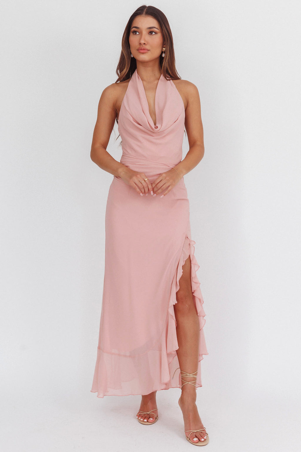 Logen Cowl Halterneck Maxi Dress Blush by Selfie Leslie