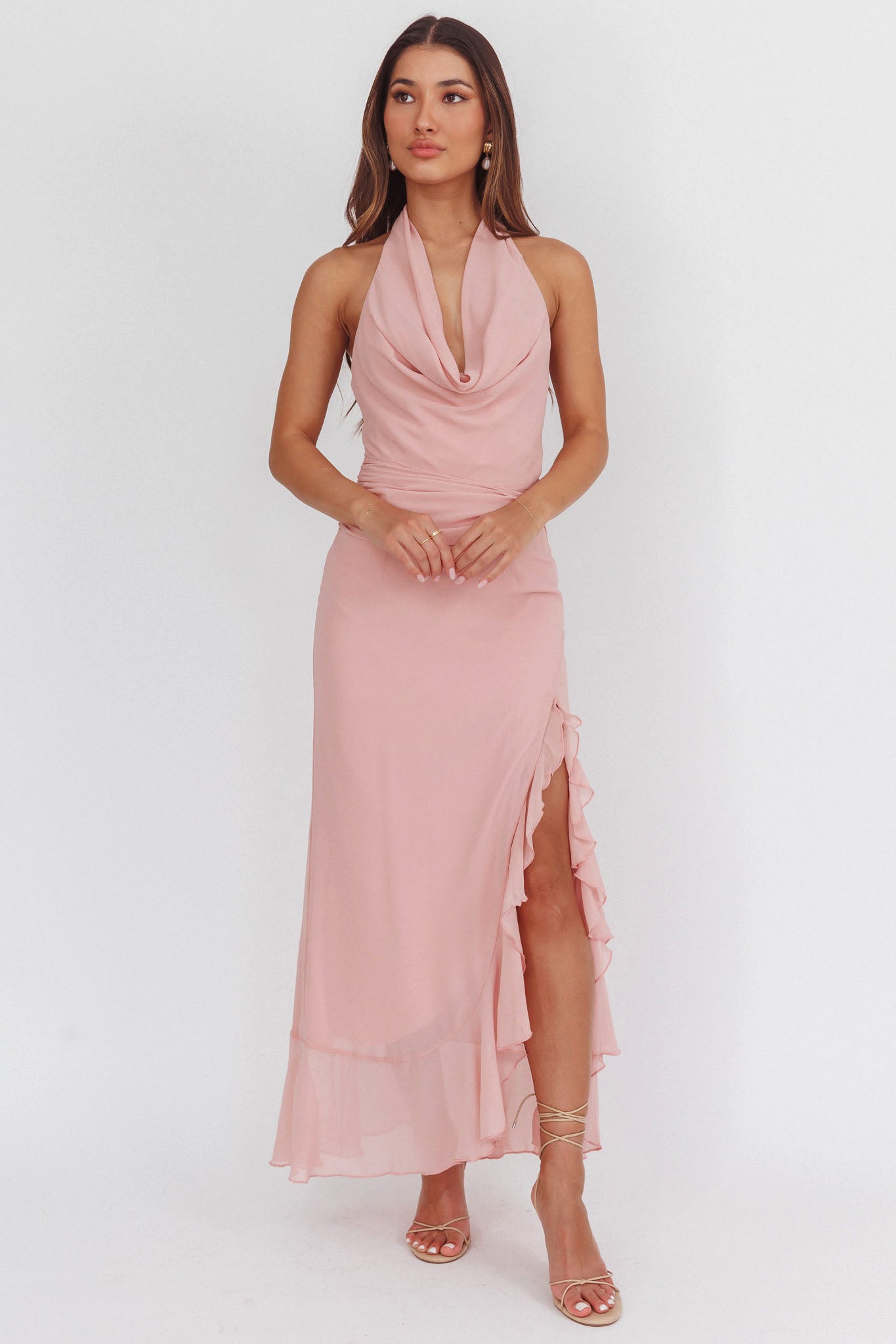 Logen Cowl Halterneck Maxi Dress Blush by Selfie Leslie