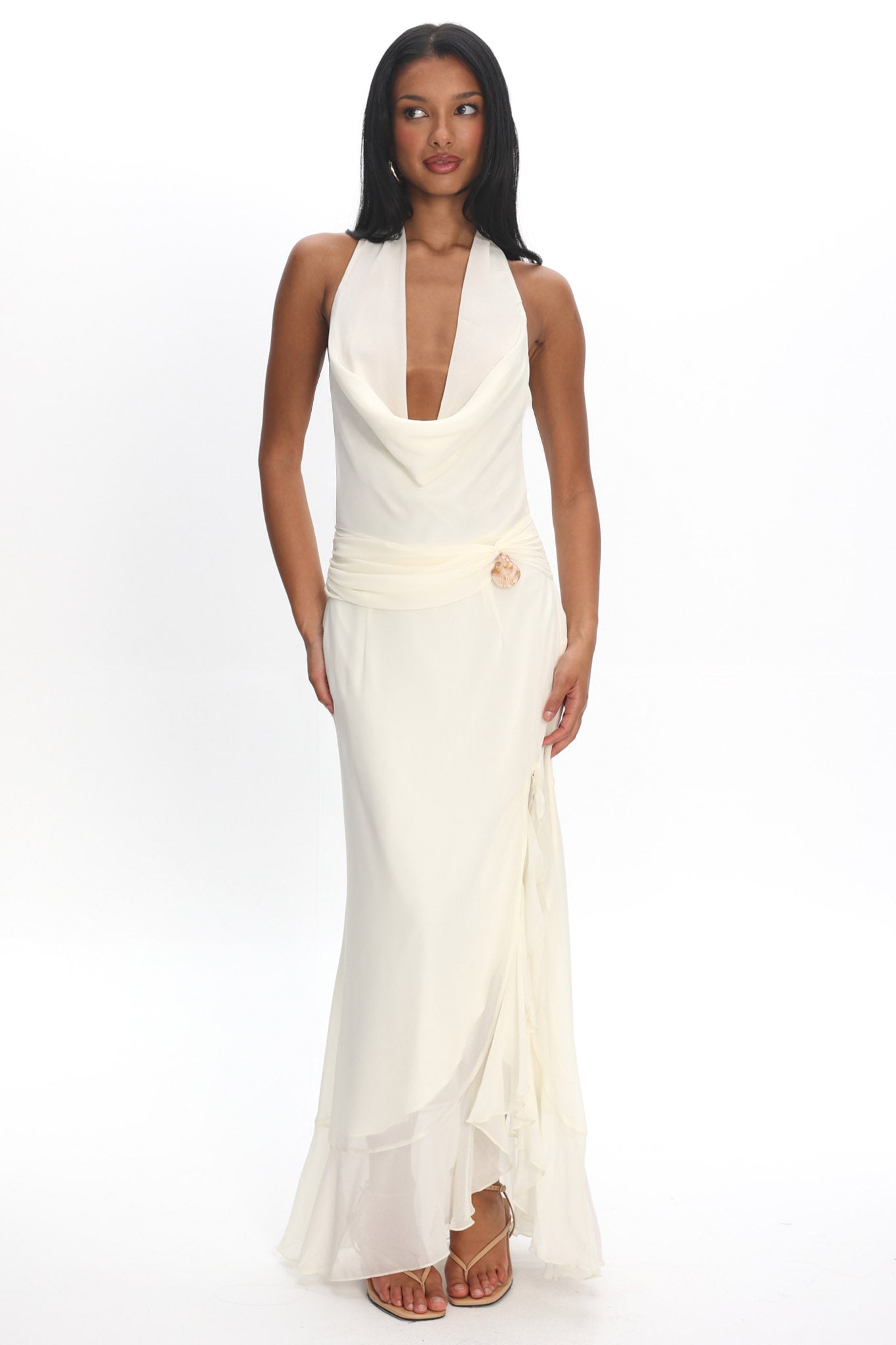 sheller♡halternecklongdress Logen Cowl Halterneck Maxi Dress Eggshell | Selfie Leslie