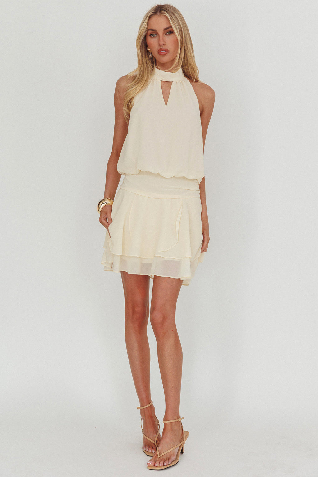 Give In Halterneck Layered Hem Mini Dress Butter by Selfie Leslie