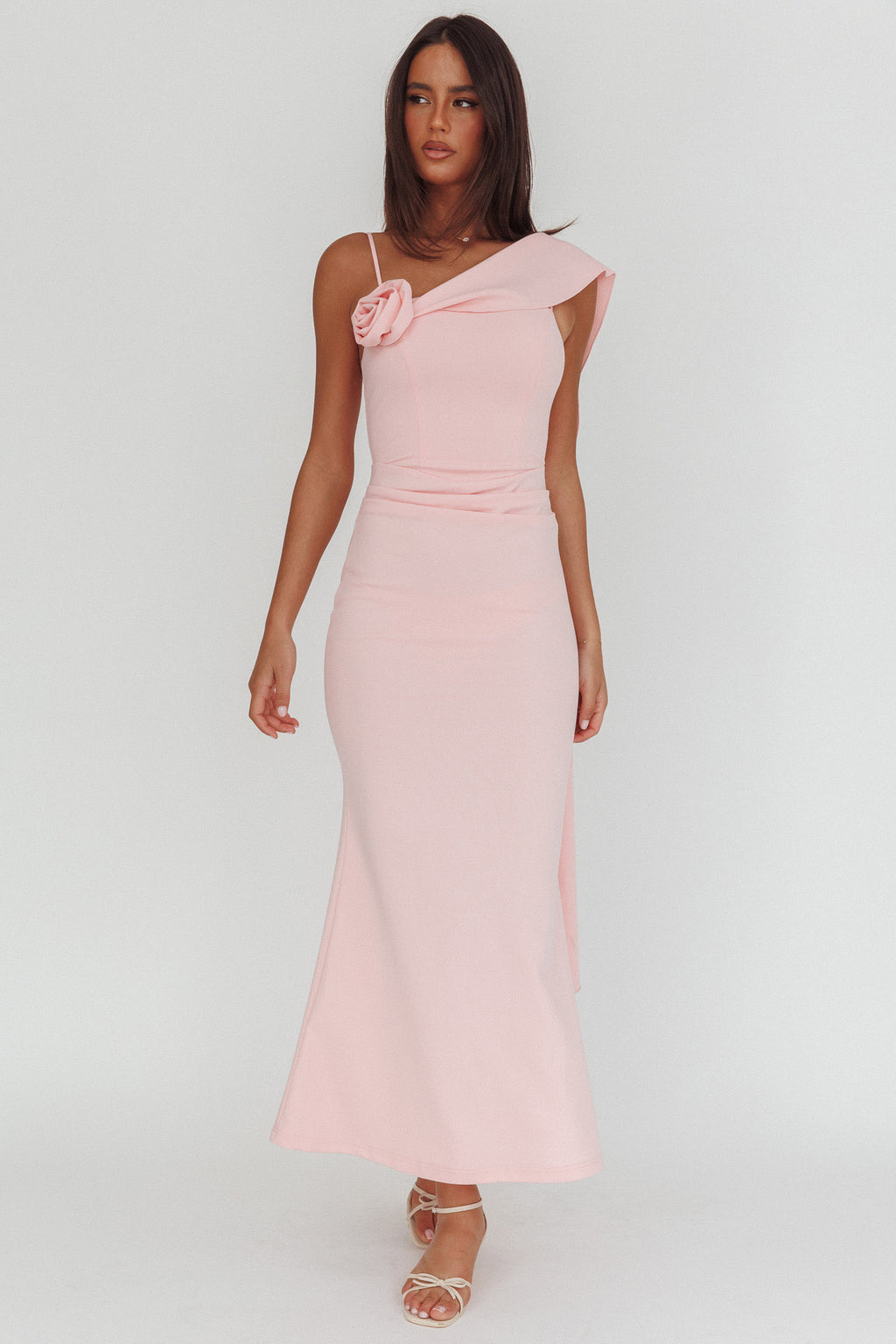 Sugar High Asymmetric Shoulder Drape Maxi Dress Pink by Selfie Leslie