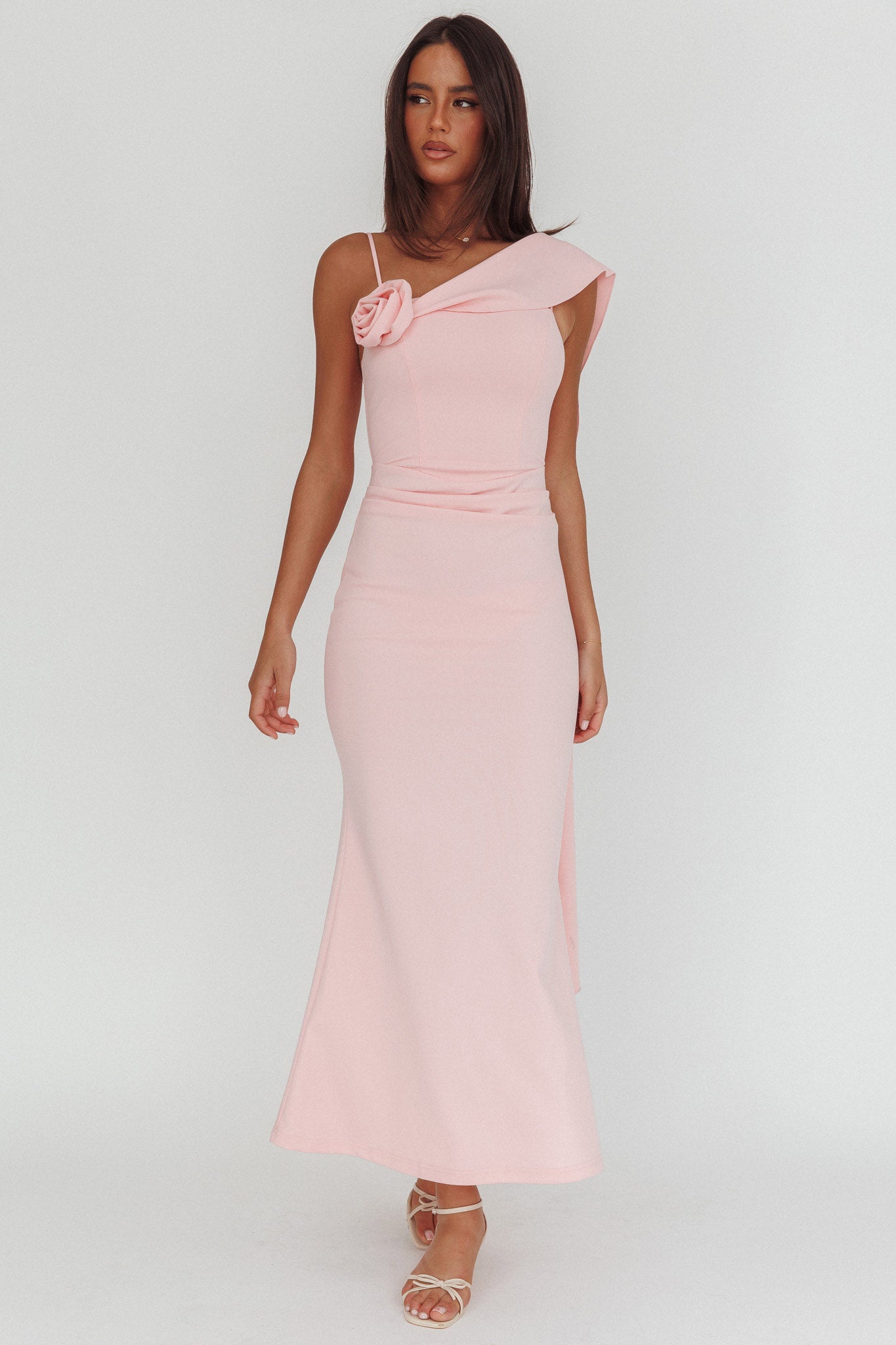 Sugar High Asymmetric Shoulder Drape Maxi Dress Pink by Selfie Leslie