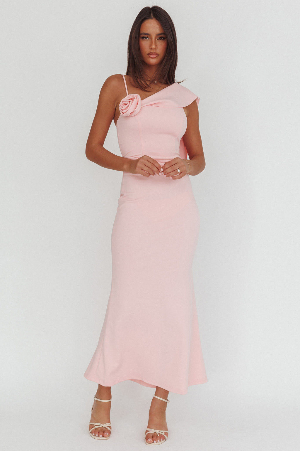 Sugar High Asymmetric Shoulder Drape Maxi Dress Pink by Selfie Leslie