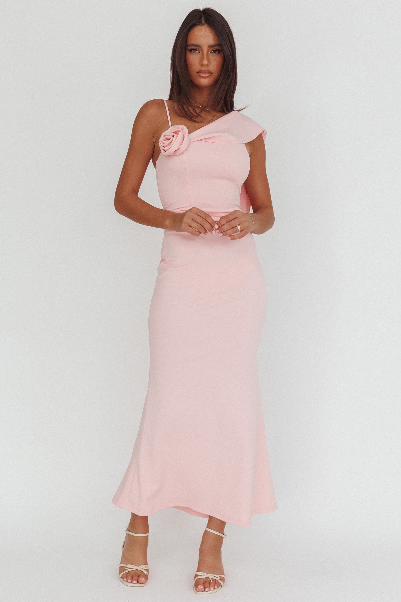 Sugar High Asymmetric Shoulder Drape Maxi Dress Pink by Selfie Leslie