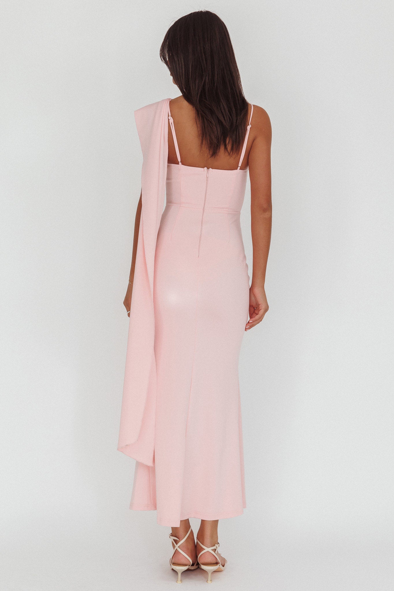 Sugar High Asymmetric Shoulder Drape Maxi Dress Pink by Selfie Leslie