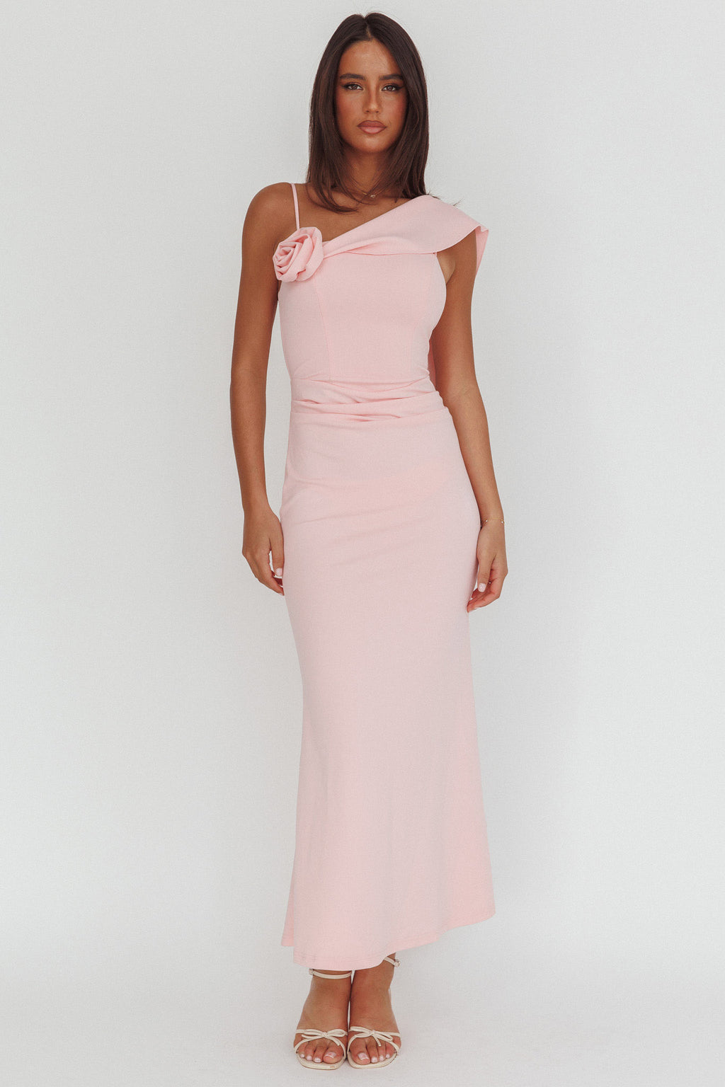 Sugar High Asymmetric Shoulder Drape Maxi Dress Pink by Selfie Leslie