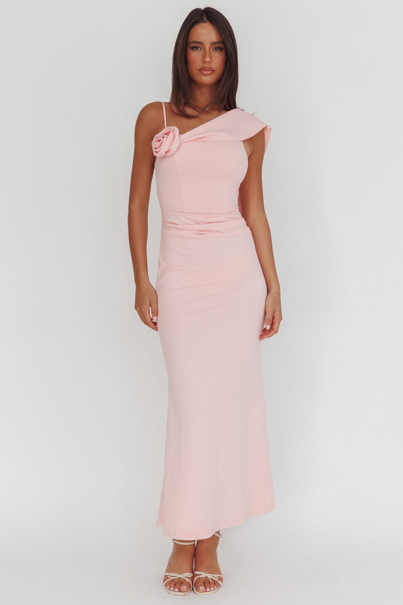 Sugar High Asymmetric Shoulder Drape Maxi Dress Pink by Selfie Leslie