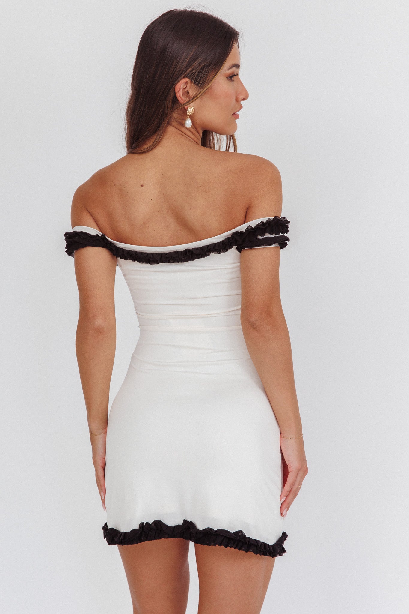 Maysie Off-Shoulder Frill Trim Mini Dress Cream by Selfie Leslie