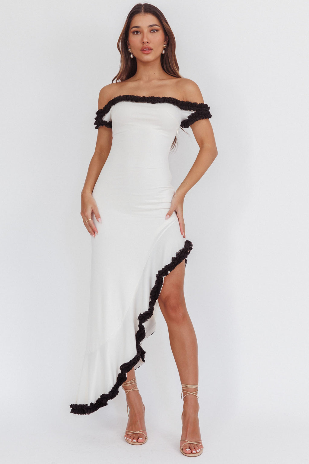 asymmetrical off the shoulder dress Asymmetric Off-Shoulder Dress, Metallic Satin Stolen Stores