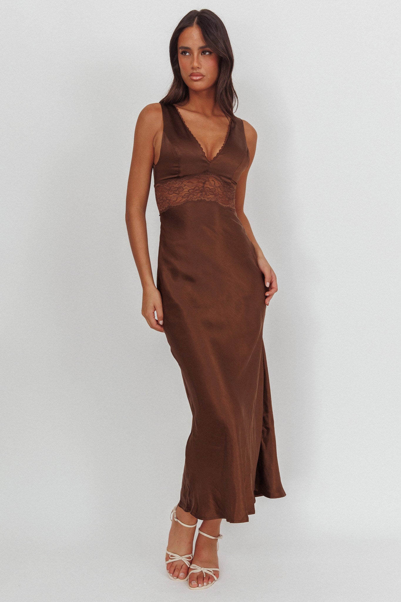 So Sweet Lace Trim Maxi Dress Chocolate | Selfie Leslie