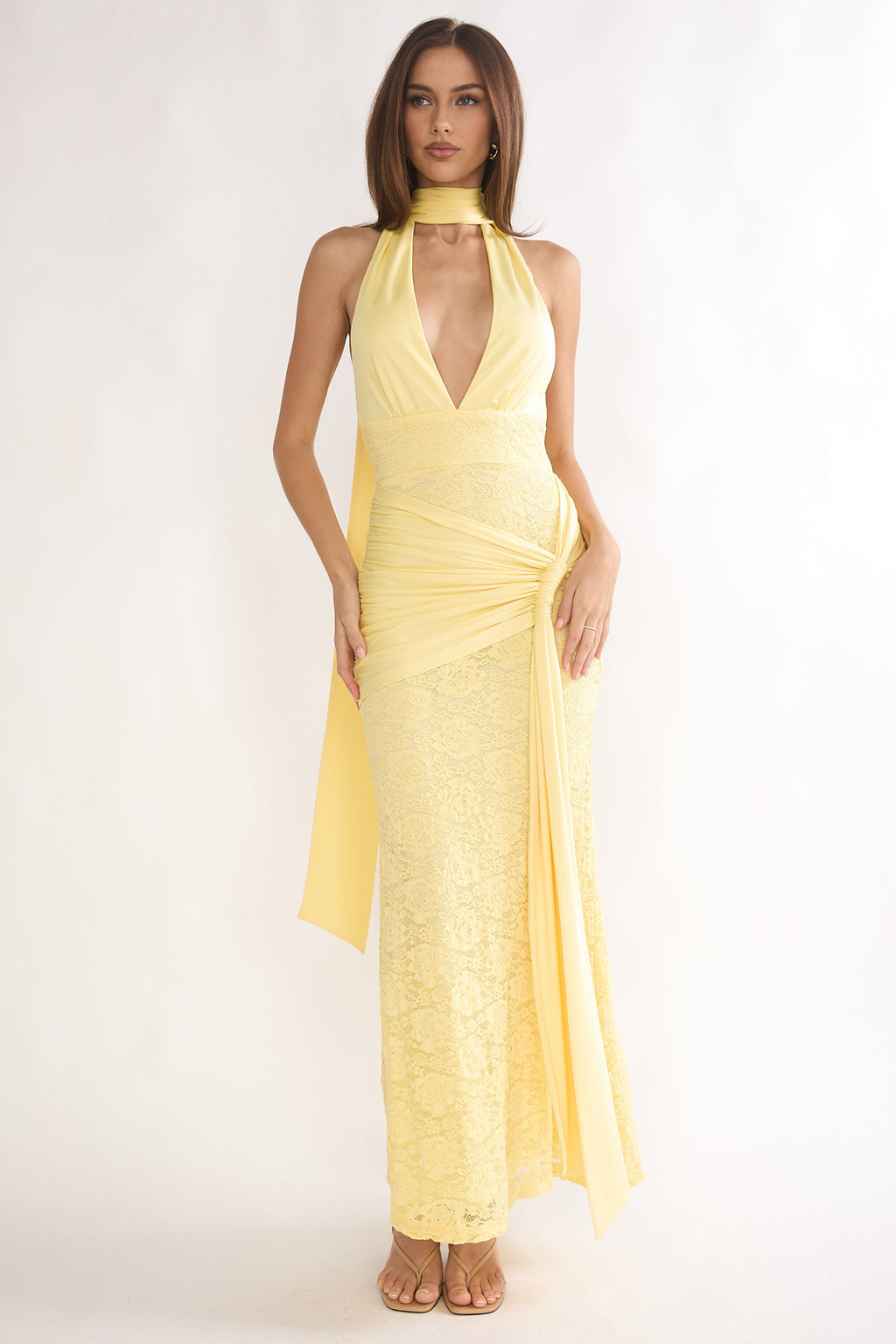 Adair Halterneck Waist Sash Maxi Dress Lace Butter by Selfie Leslie