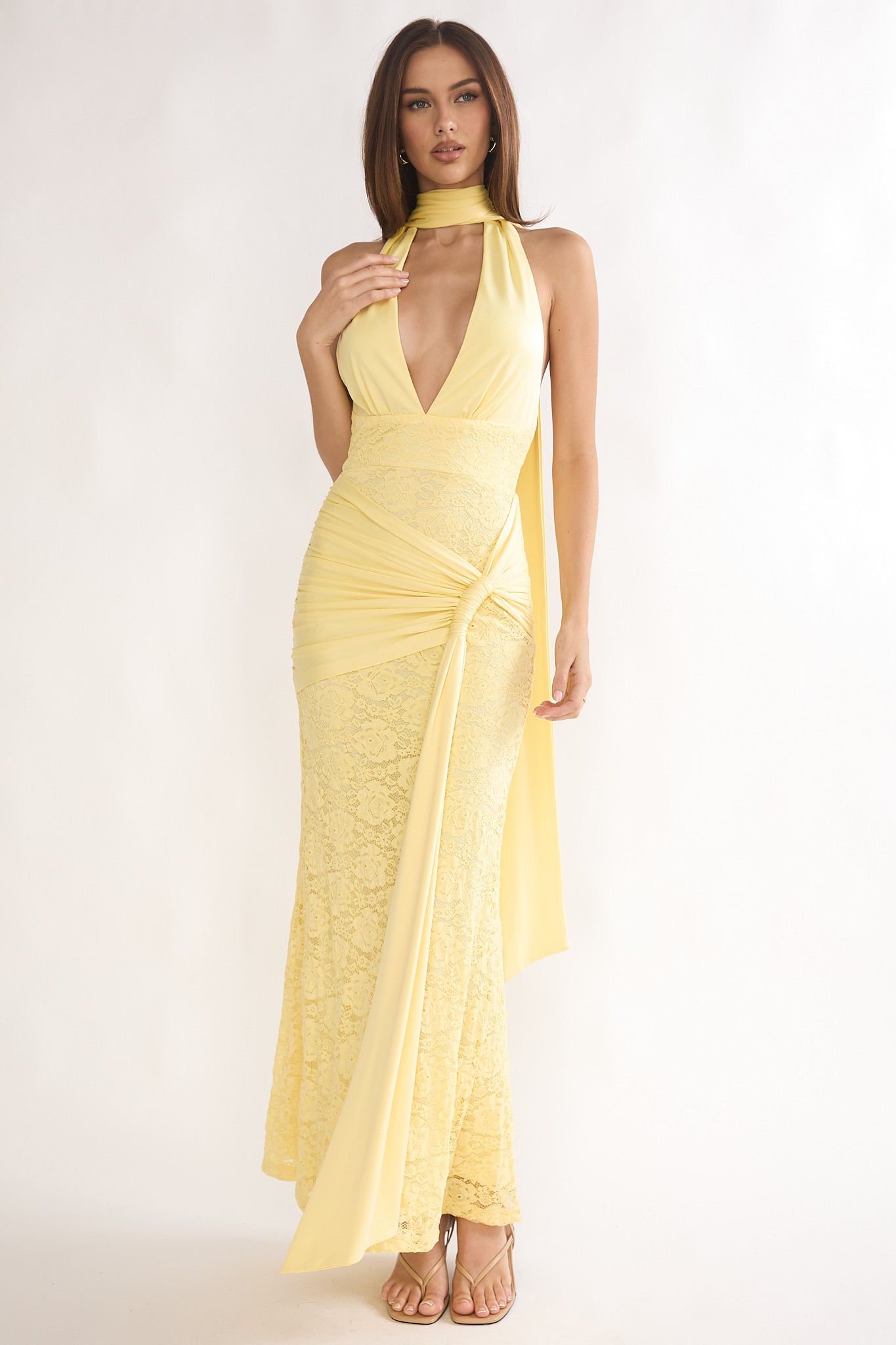 Adair Halterneck Waist Sash Maxi Dress Lace Butter by Selfie Leslie