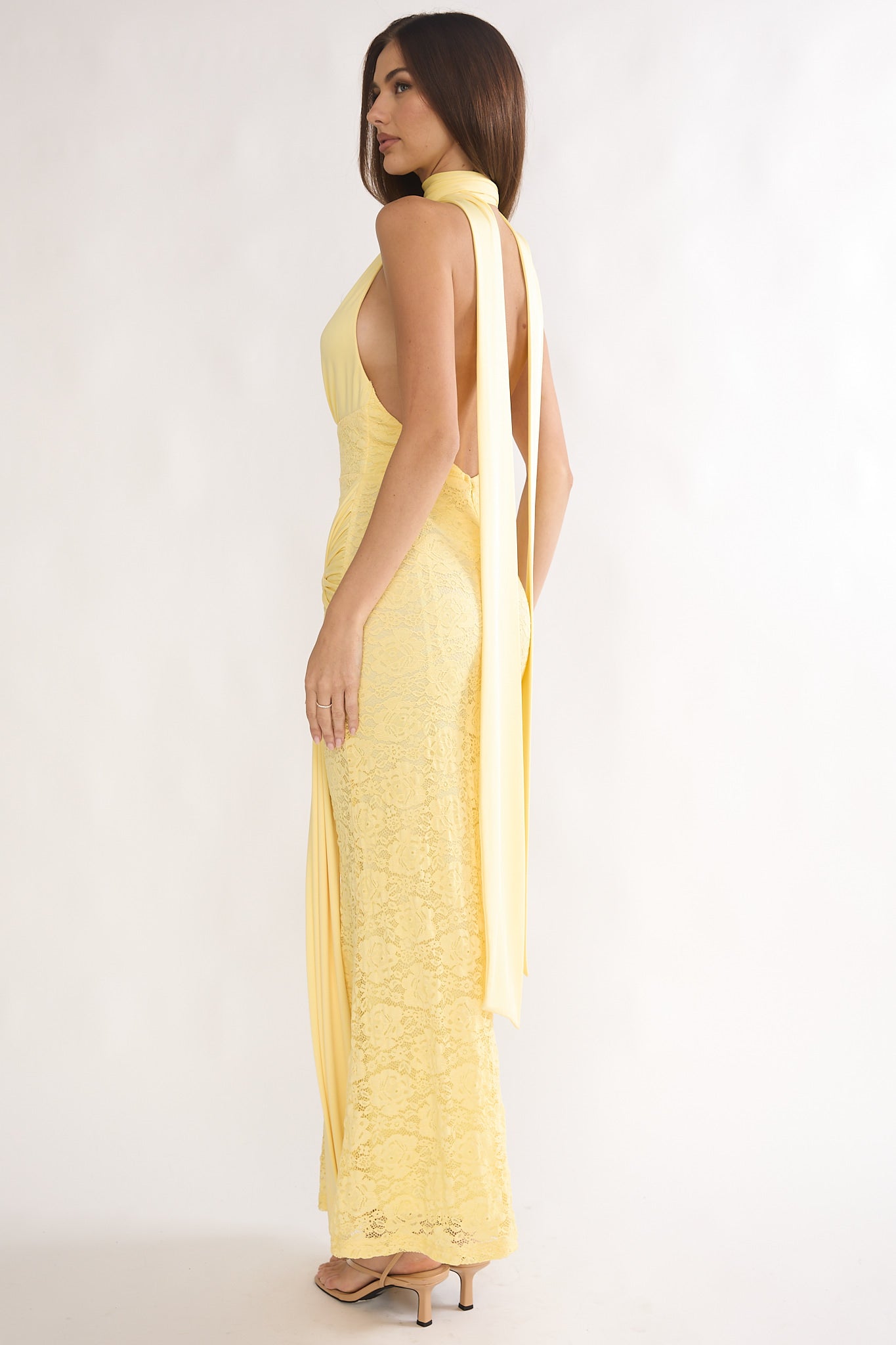 Adair Halterneck Waist Sash Maxi Dress Lace Butter by Selfie Leslie