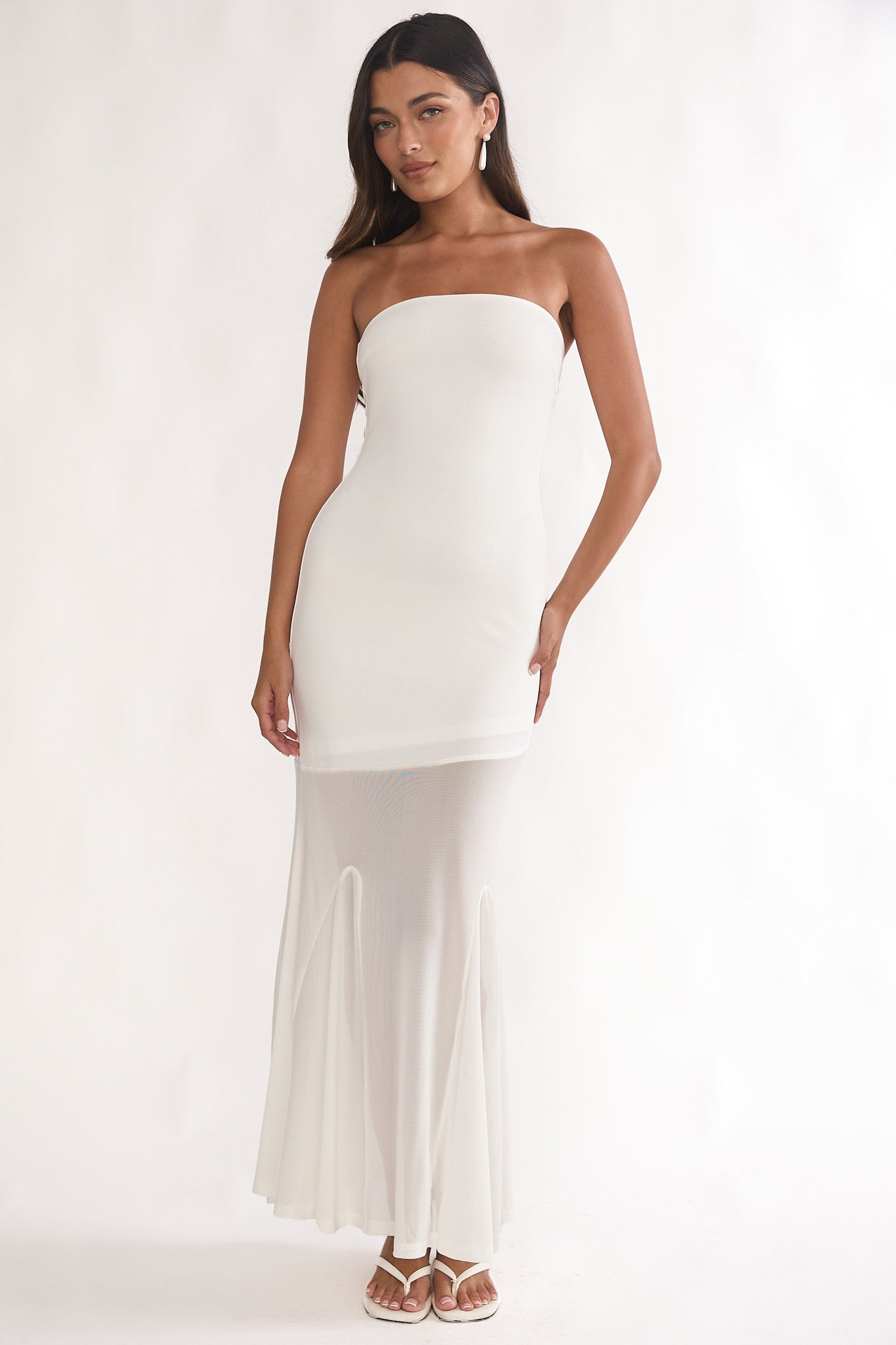 Calluna Strapless Sheer Godet Hem Maxi Dress White L