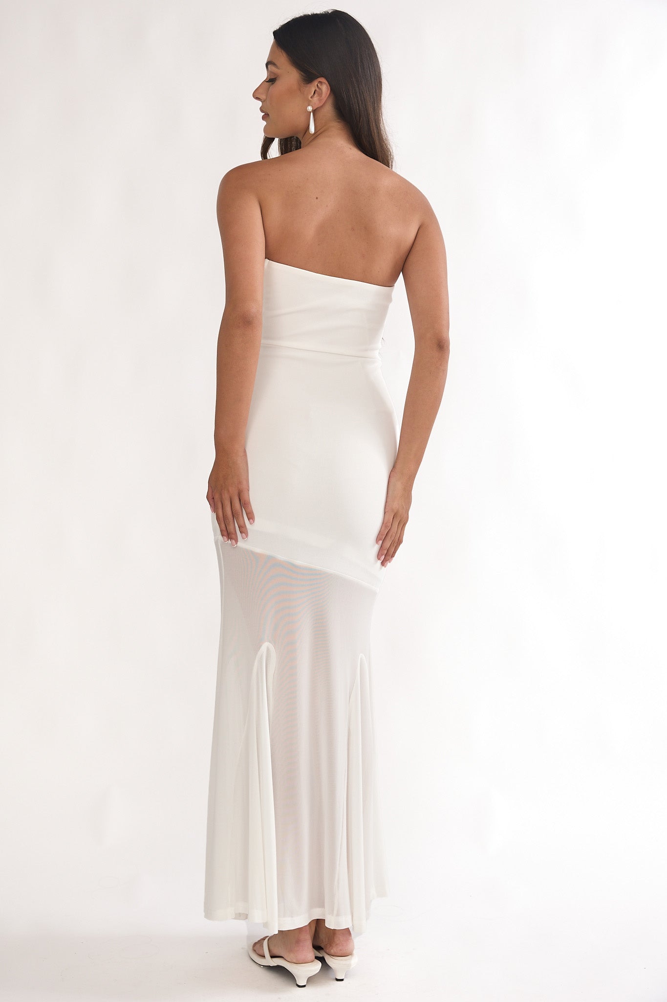 Calluna Strapless Sheer Godet Hem Maxi Dress White by Selfie Leslie