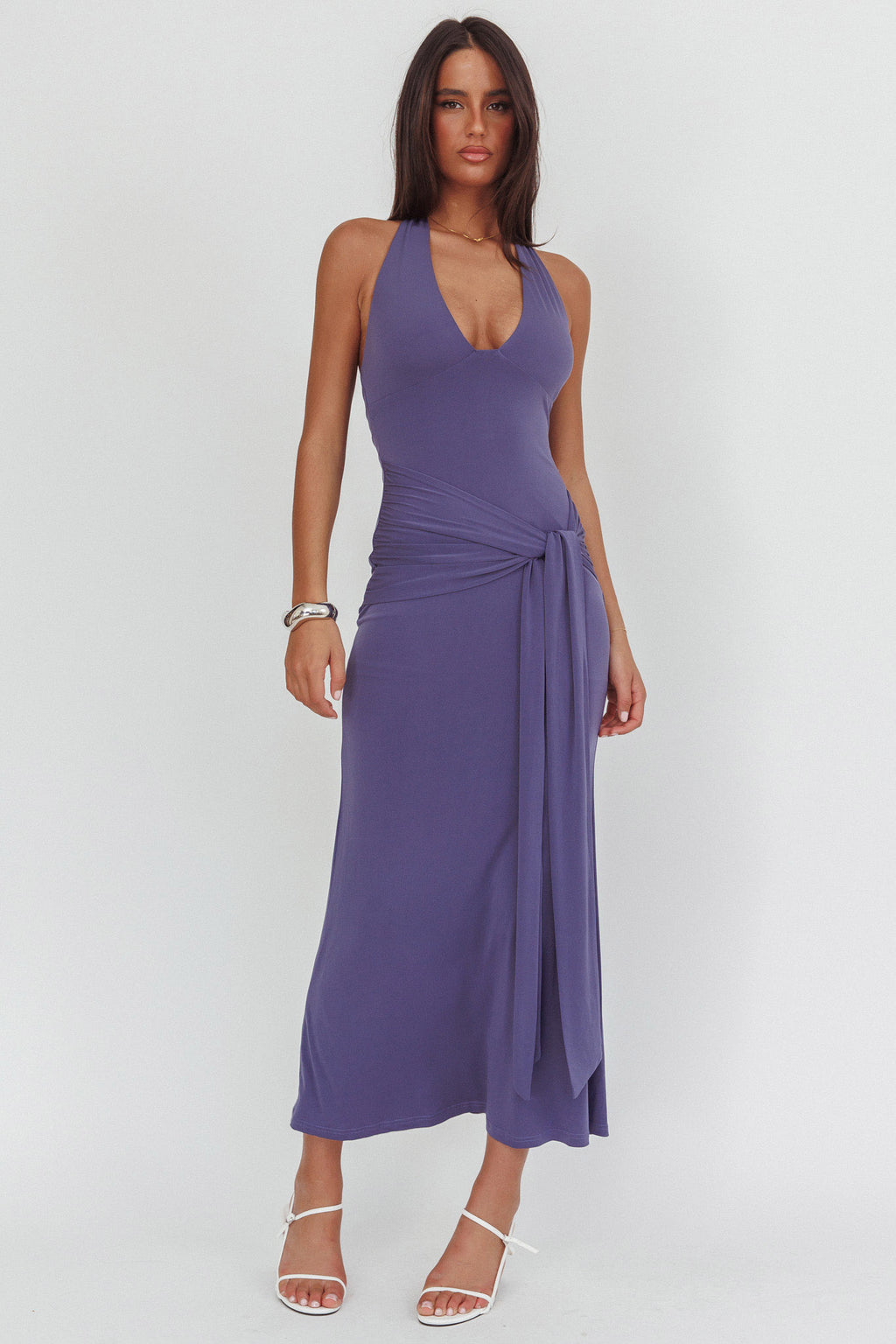 Matchmakers Sash Waist Halter Maxi Dress Taupe by Selfie Leslie