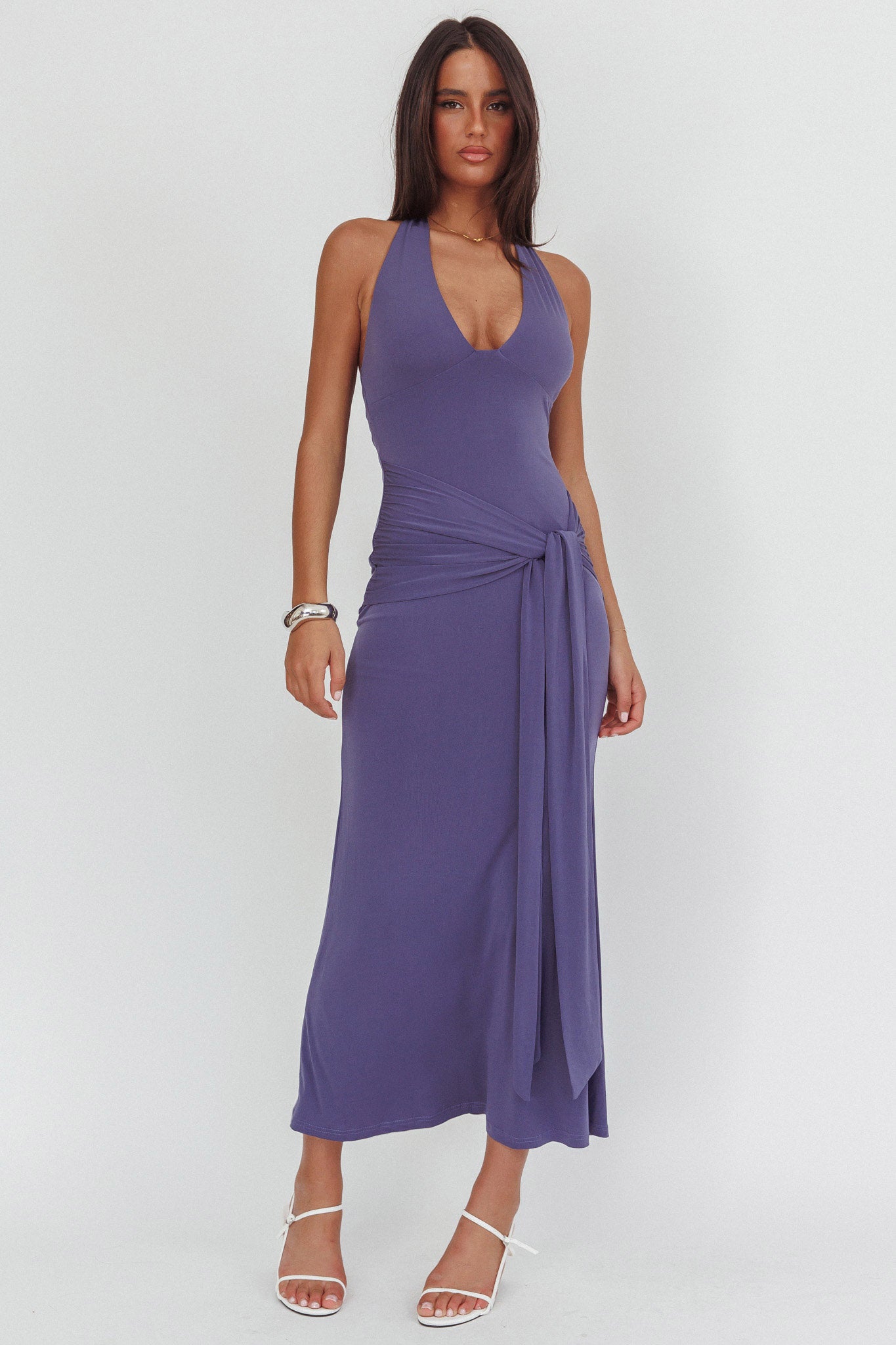 Matchmakers Sash Waist Halter Maxi Dress Taupe by Selfie Leslie
