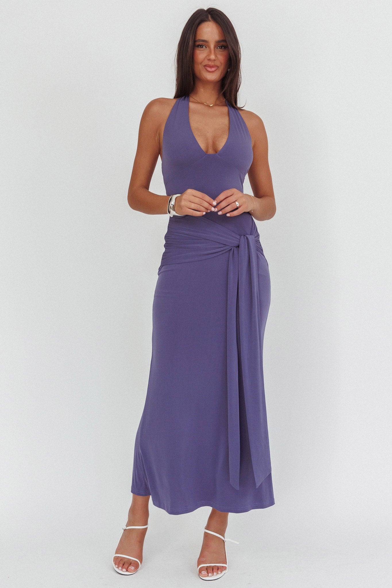 Matchmakers Sash Waist Halter Maxi Dress Taupe | Selfie Leslie