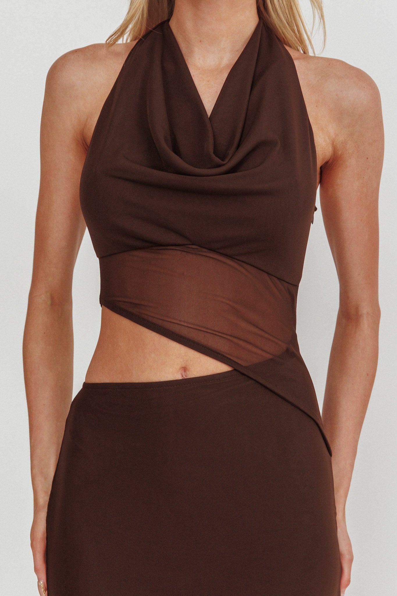 Playing Games Cut-Out Cowl Halter Dress Chocolate by Selfie Leslie