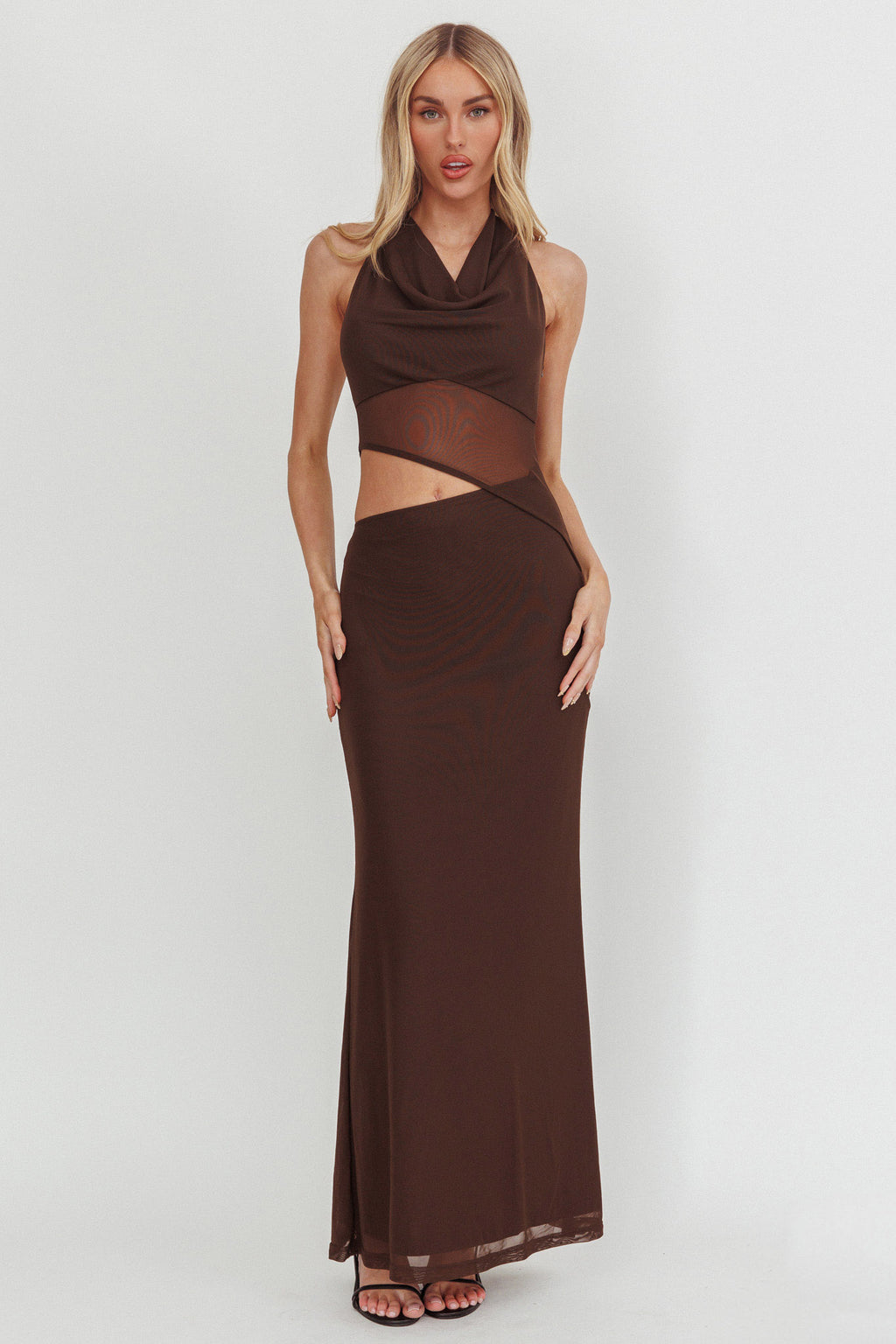Playing Games Cut-Out Cowl Halter Dress Chocolate by Selfie Leslie