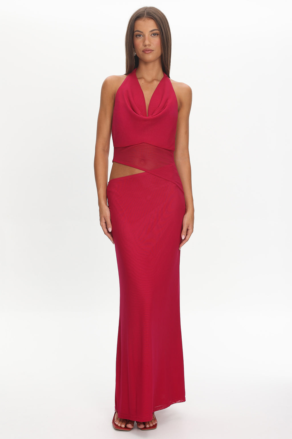 Playing Games Cut-Out Cowl Halter Dress Berry XS