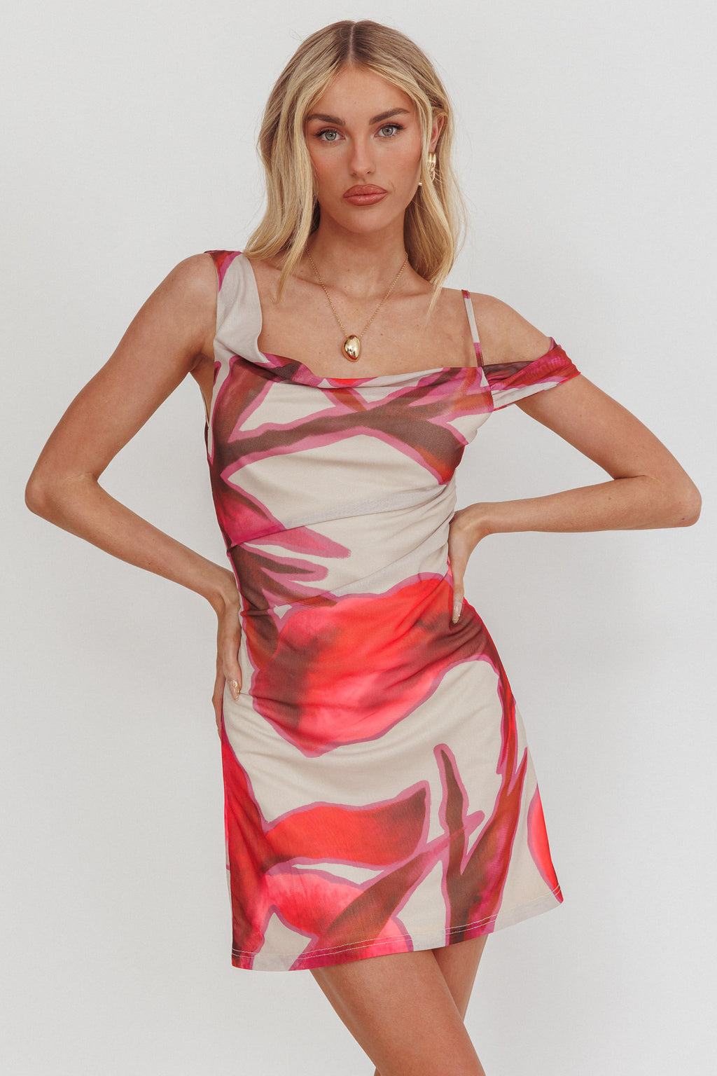 Riders Asymmetric Neckline Mini Dress Print Beige by Selfie Leslie