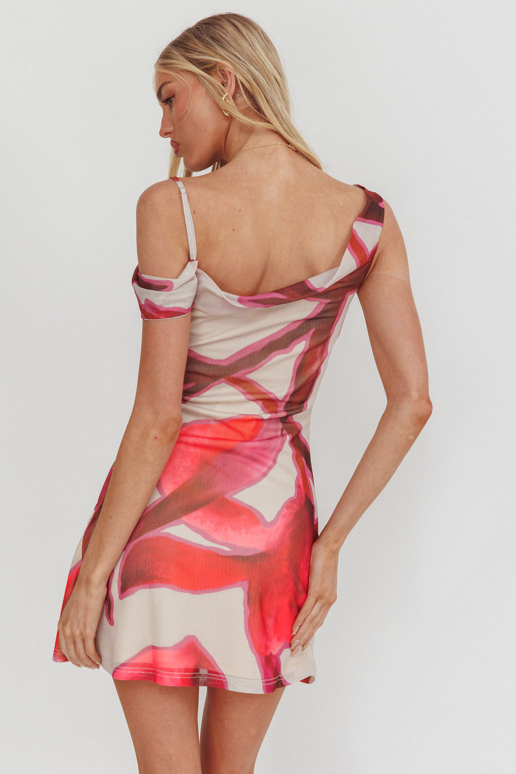 Riders Asymmetric Neckline Mini Dress Print Beige by Selfie Leslie