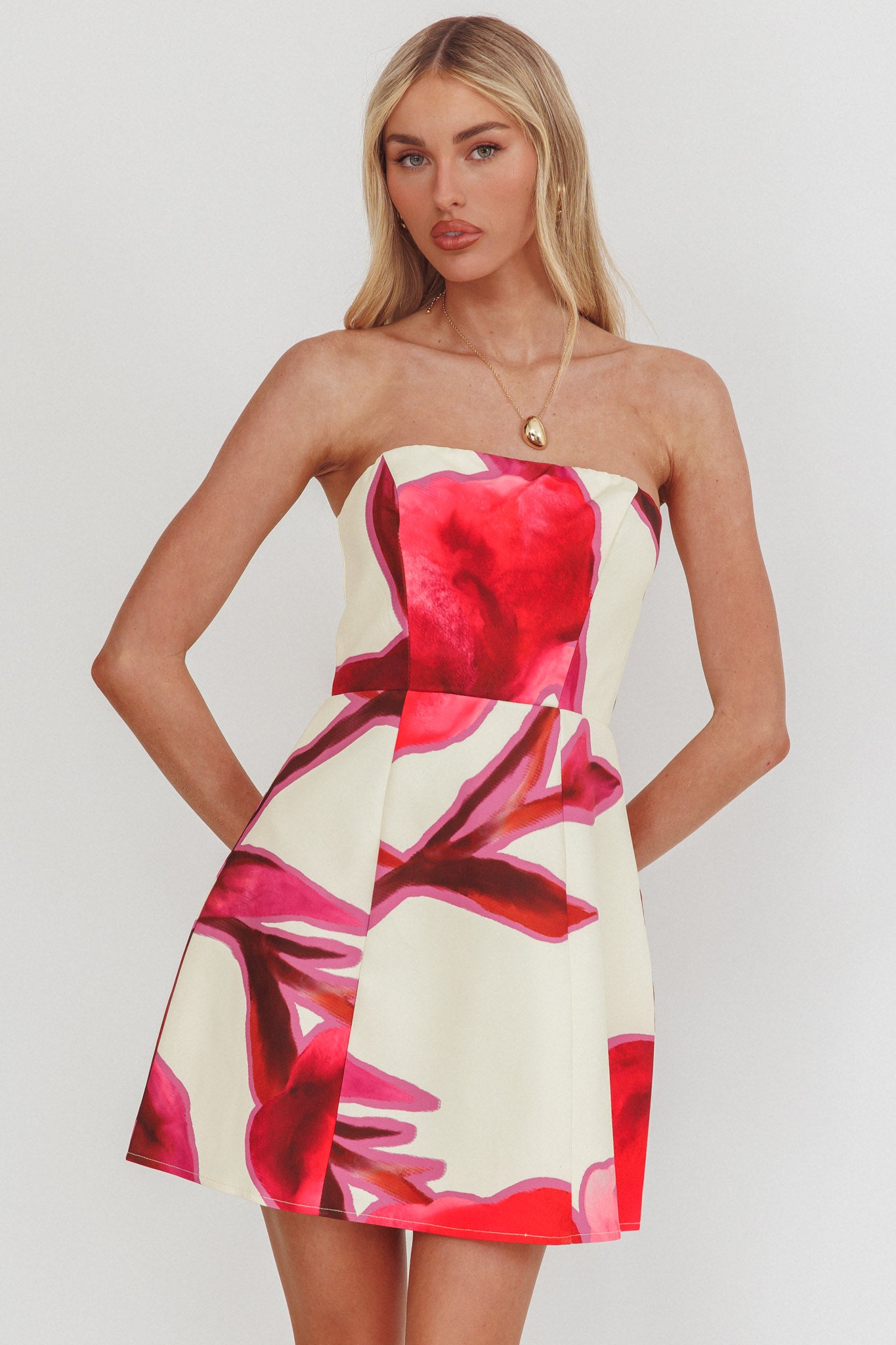 City Central Strapless A-Line Mini Dress Print Beige by Selfie Leslie