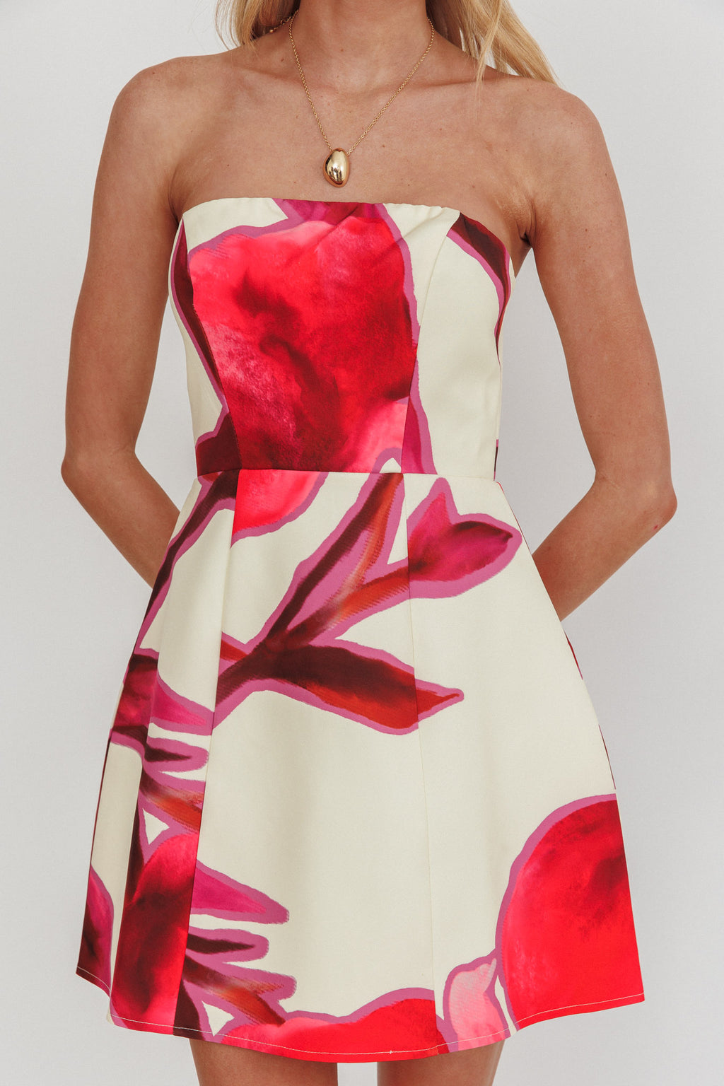 City Central Strapless A-Line Mini Dress Print Beige by Selfie Leslie